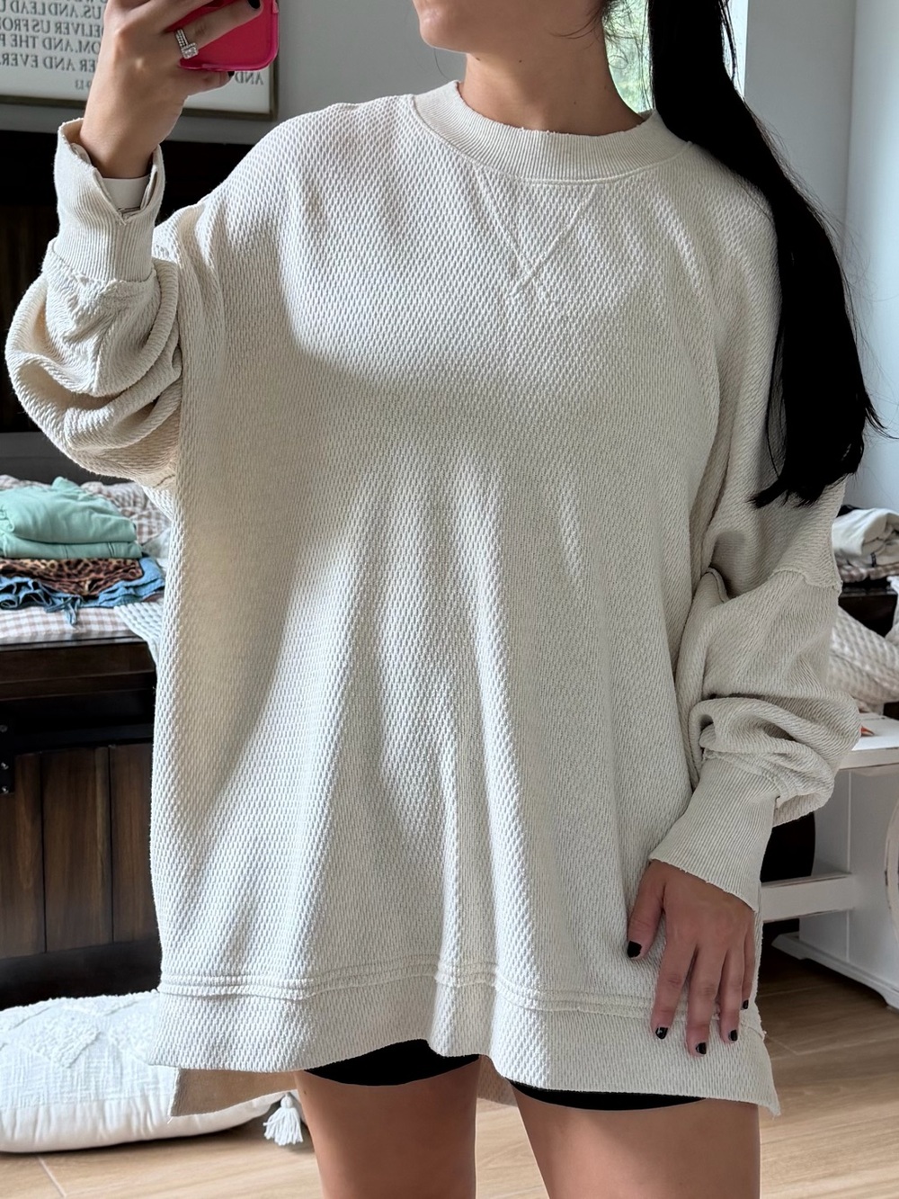 aerie Waffle Knit Crewneck Sweatshirt - Cream